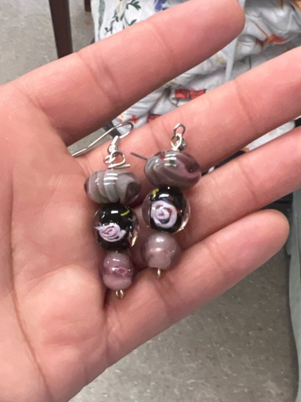 Artisan Earrings Handmade Lampwork Glass Beads Purple Lavender Pink White Black